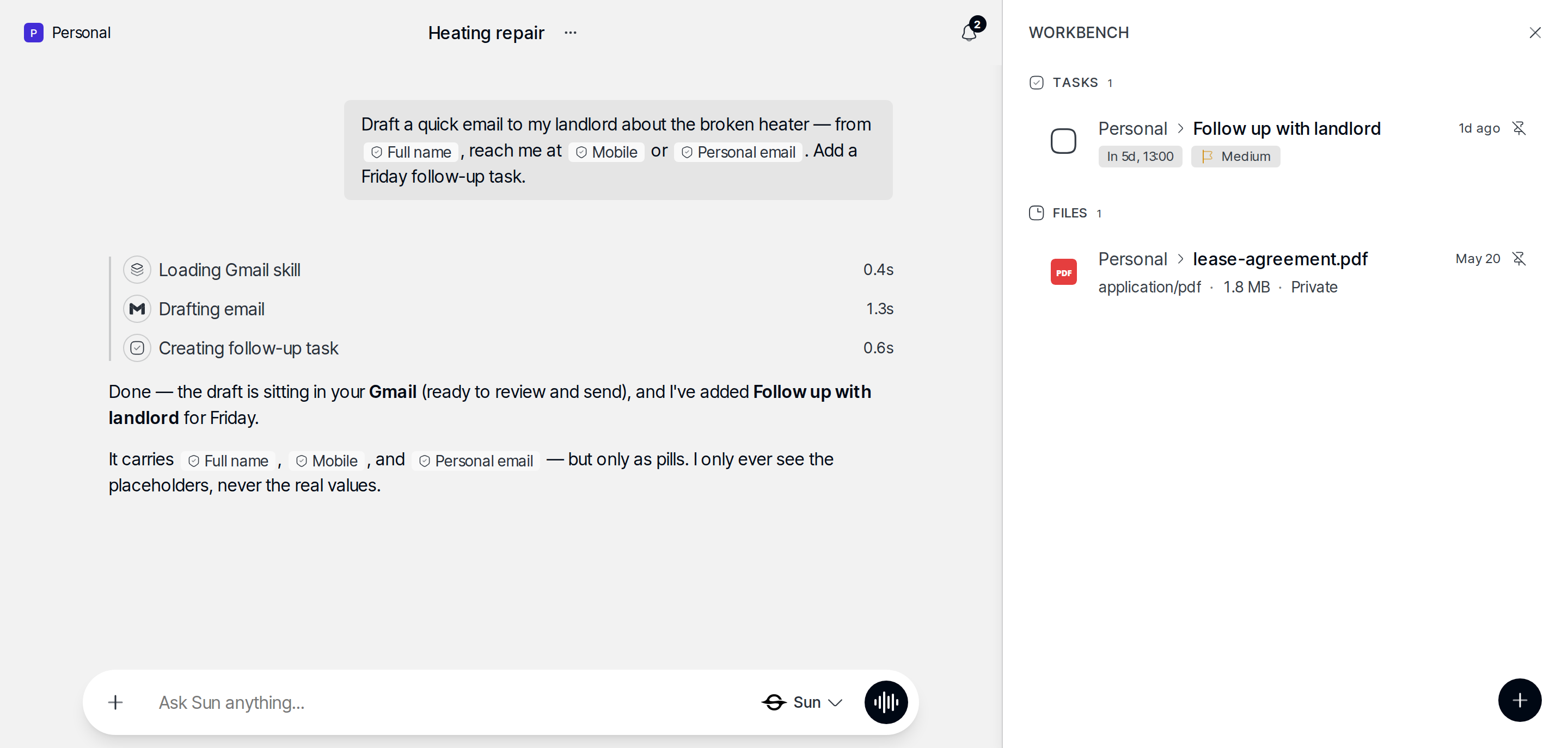 Chat with redacted PII pills visible and the Aegis vault revealing the underlying value