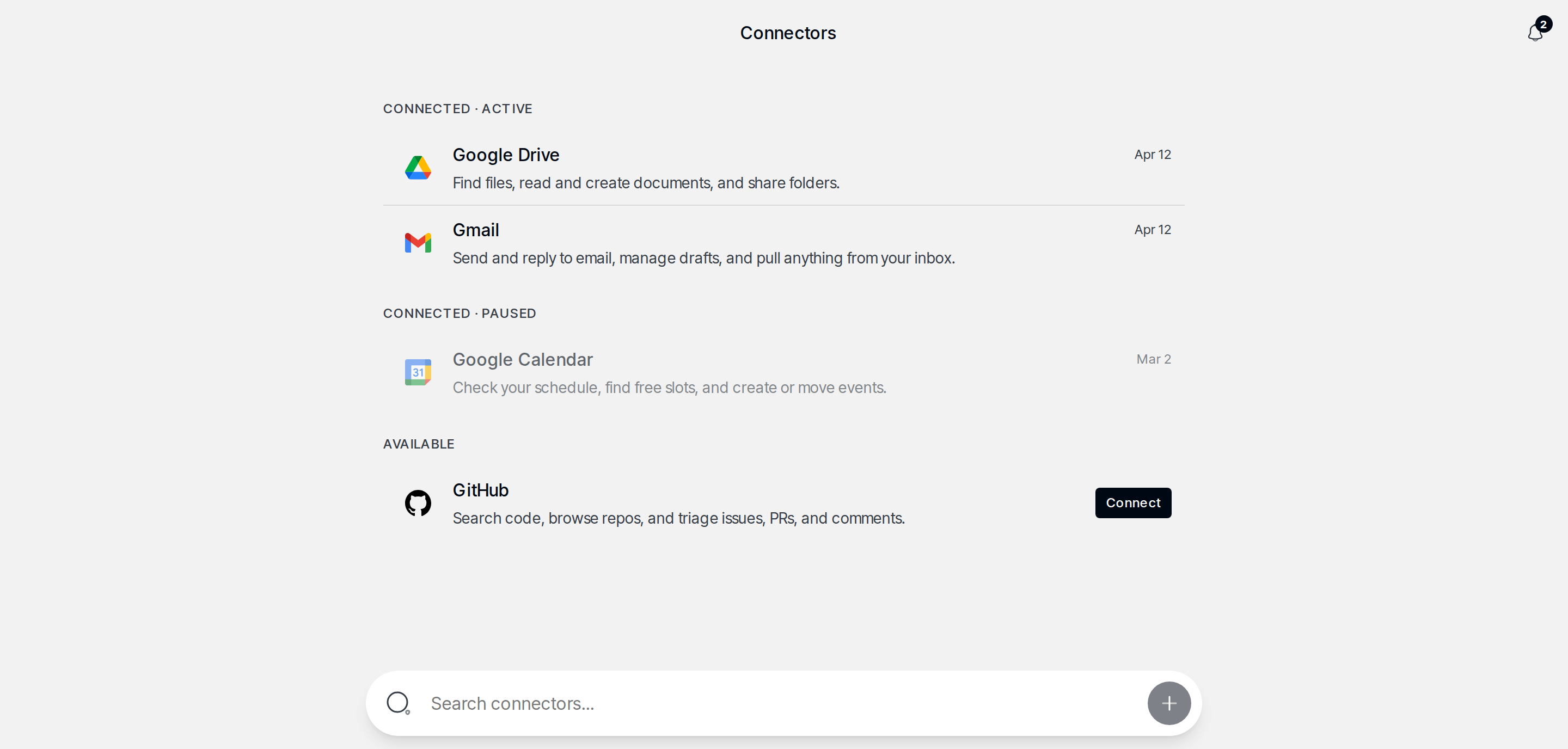 Connectors page showing Gmail, Drive, Calendar, GitHub, Notion, and Linear tiles