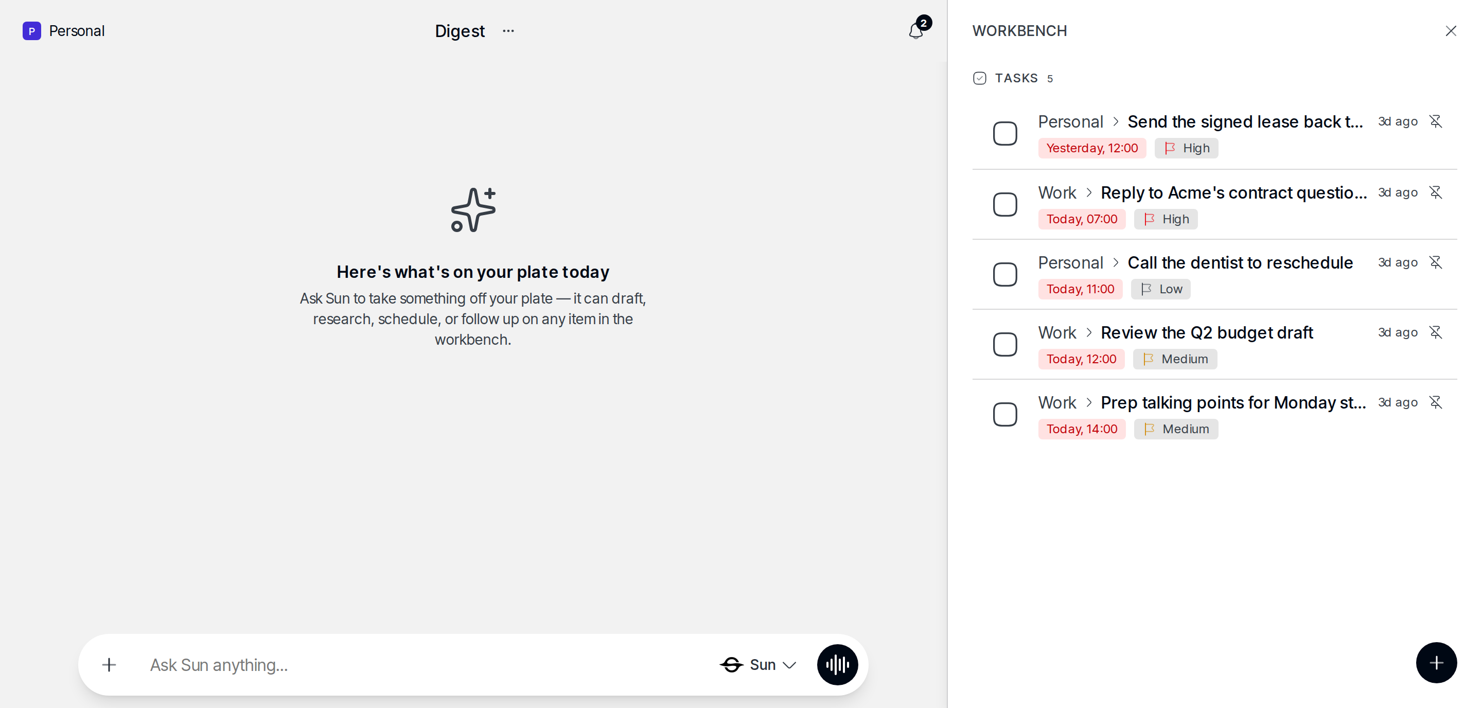 Morning digest chat Sun delivers on its own — the day's tasks and calendar with a prompt to delegate anything to Sun