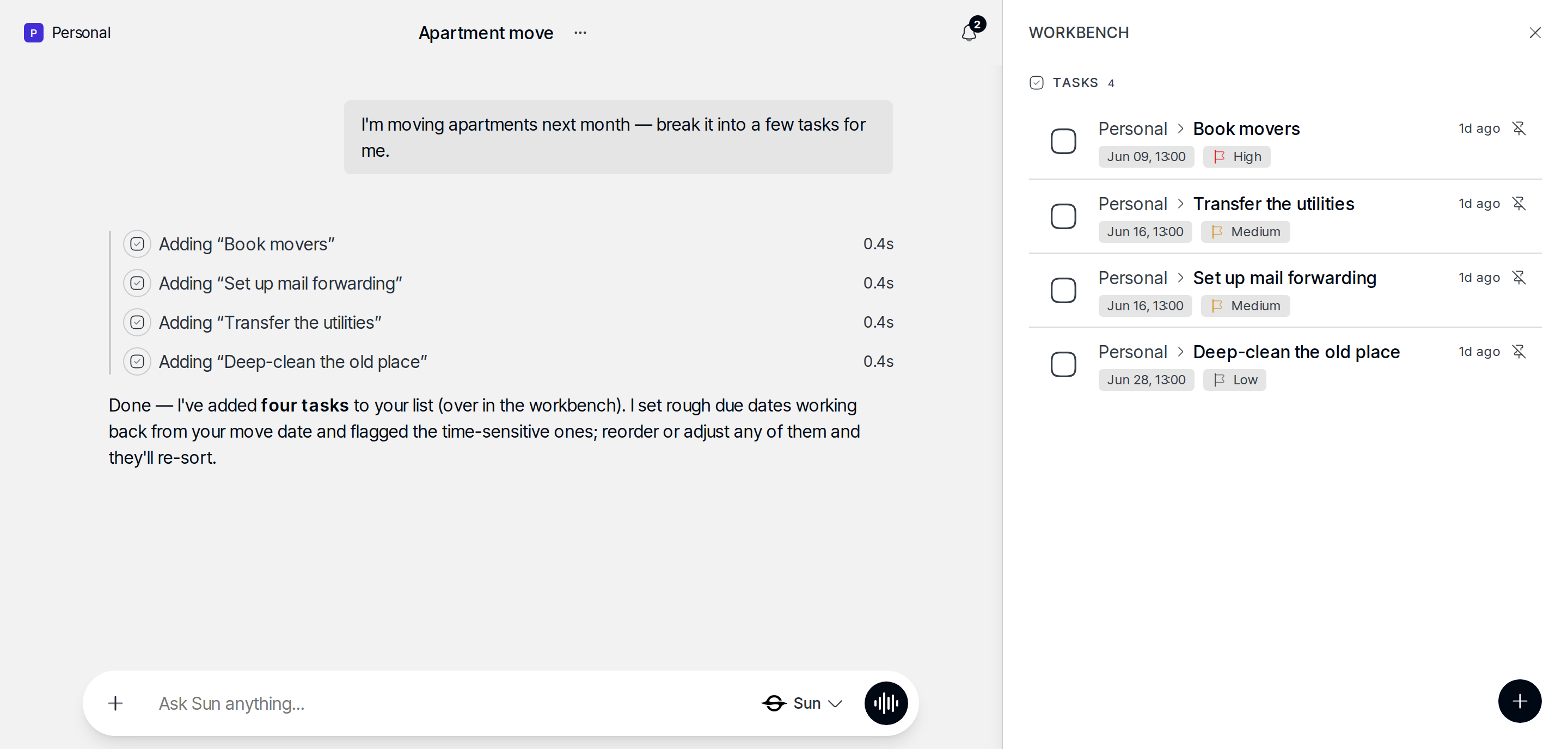 Chat where Sun has created actionable tasks open in the right panel