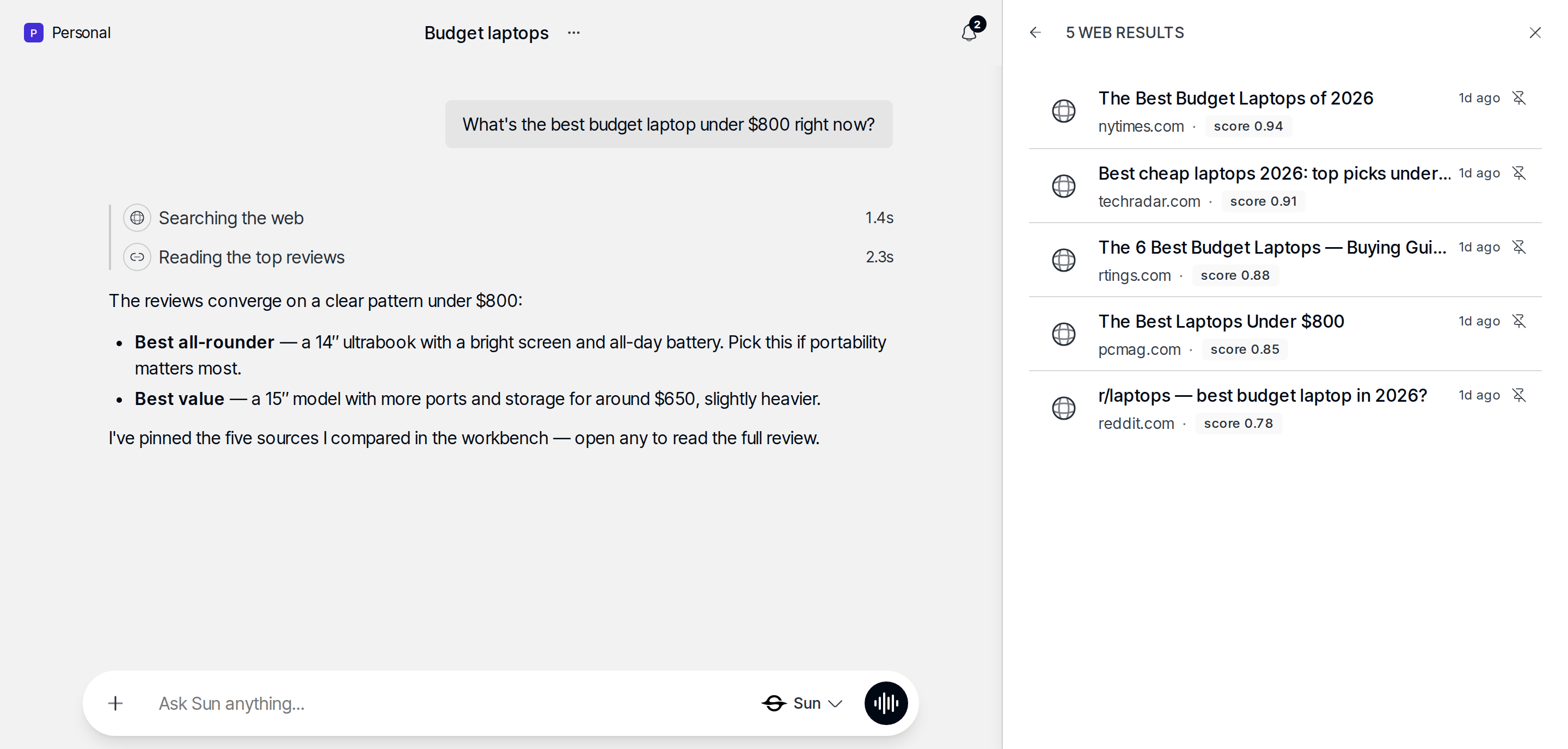 Chat where Sun has surfaced web results in the workbench right panel