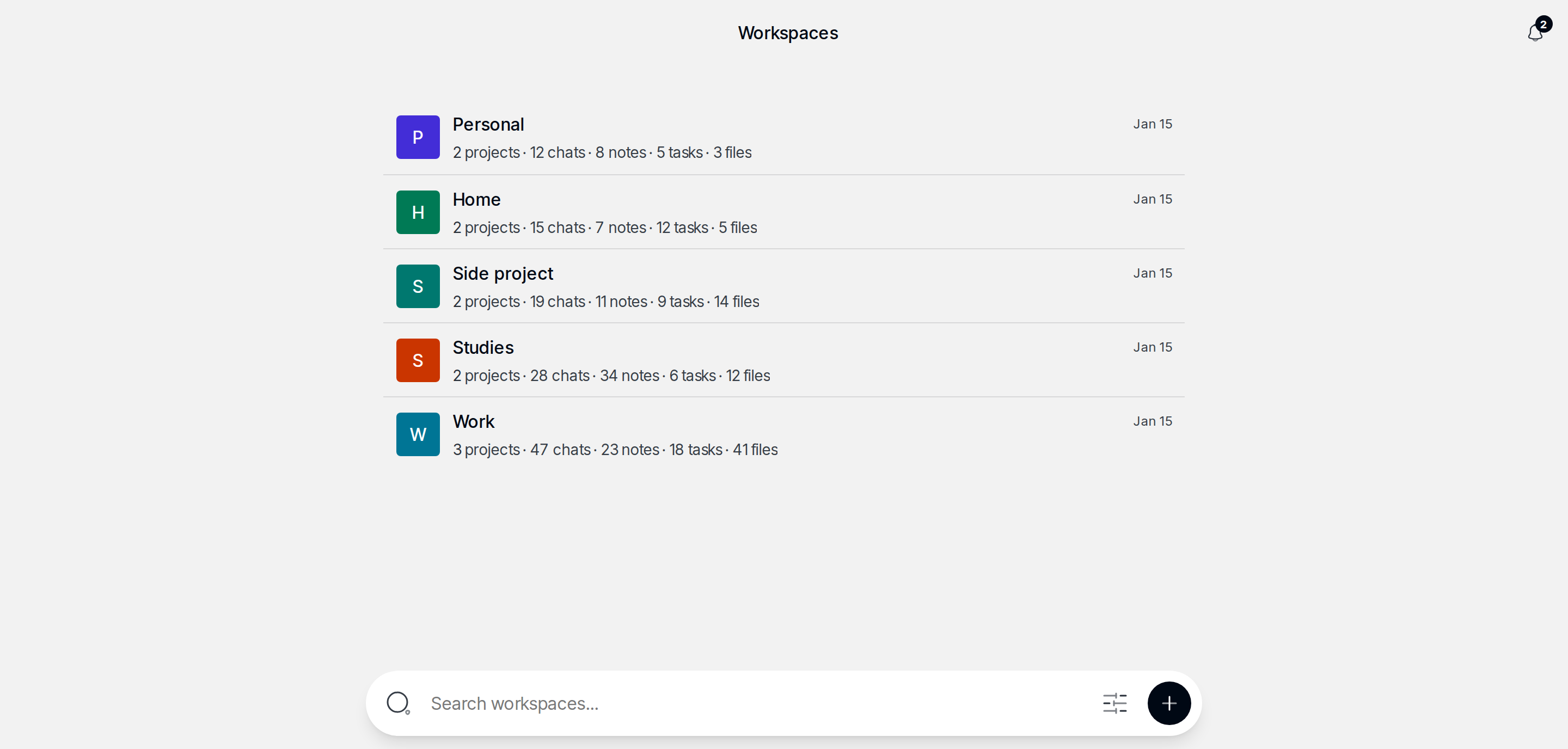 Workspaces page showing multiple workspaces and their projects